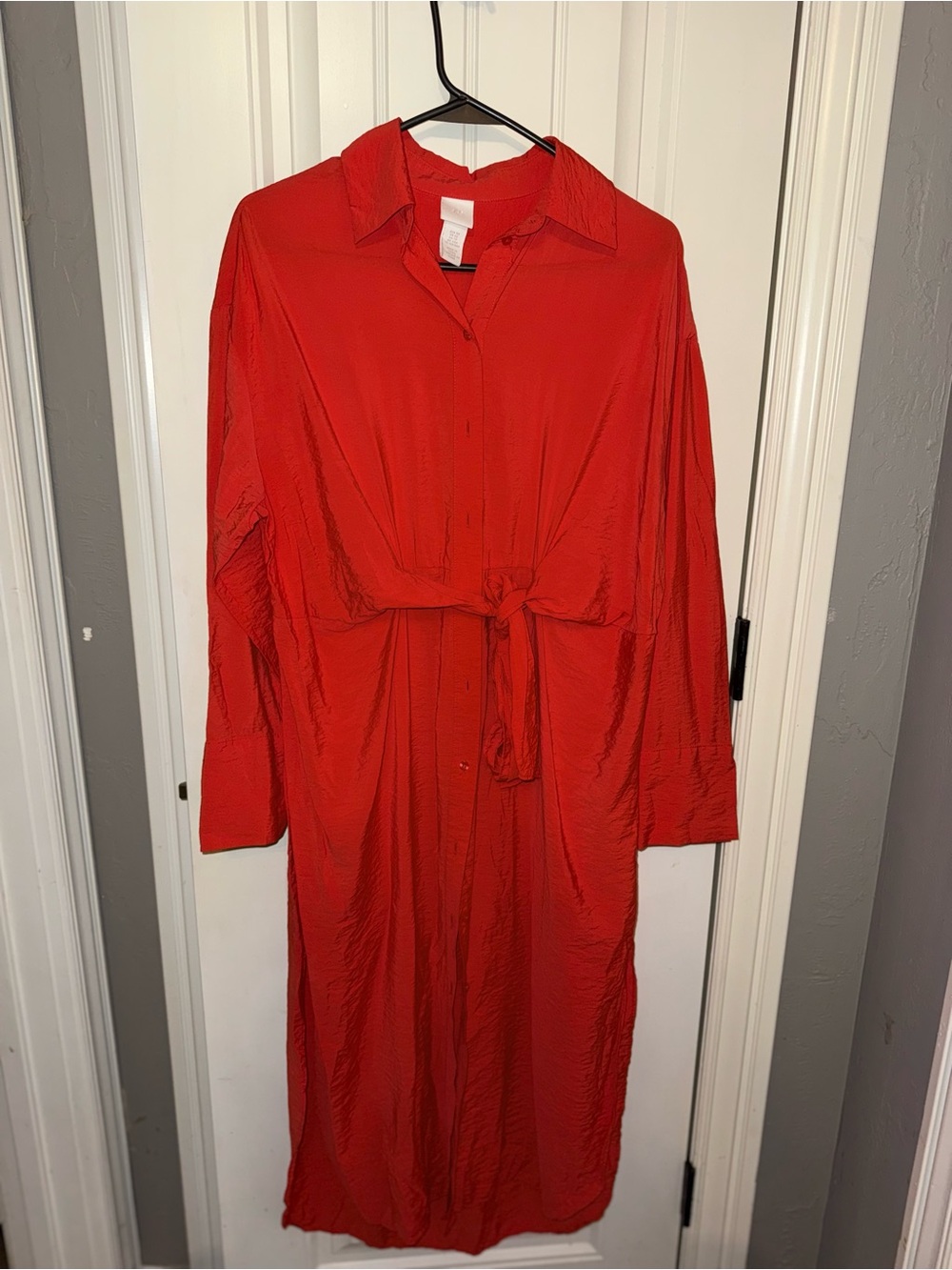 H&M Red Long-Sleeve Tie-Waist Shirt Dress